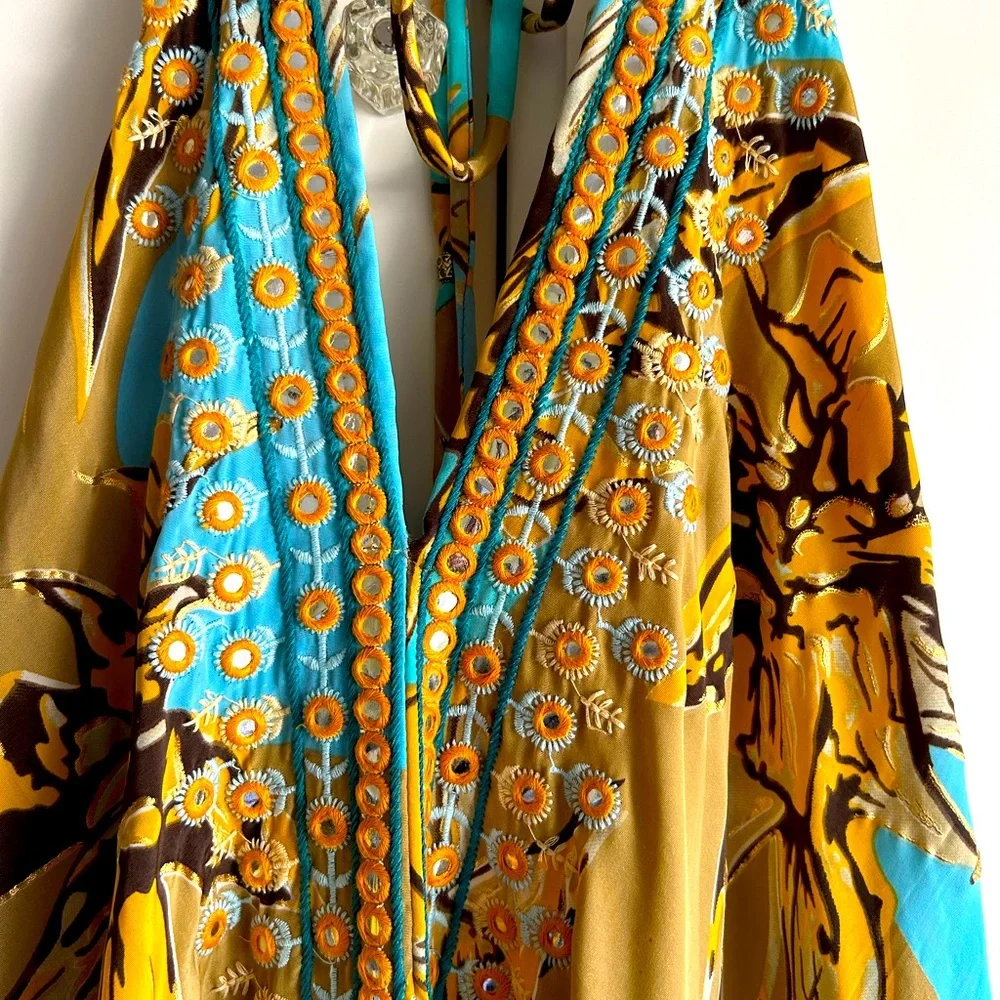 🧡🩵Karma Highway Boho Embellished Mirror Work Halter Maxi Dress Floral OS 🤎🪞 - Picture 6 of 10